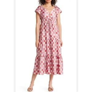 BTFL-life Florian Floral Grid Midi Tiered Dress in Pink Multi In Size S. NWOT